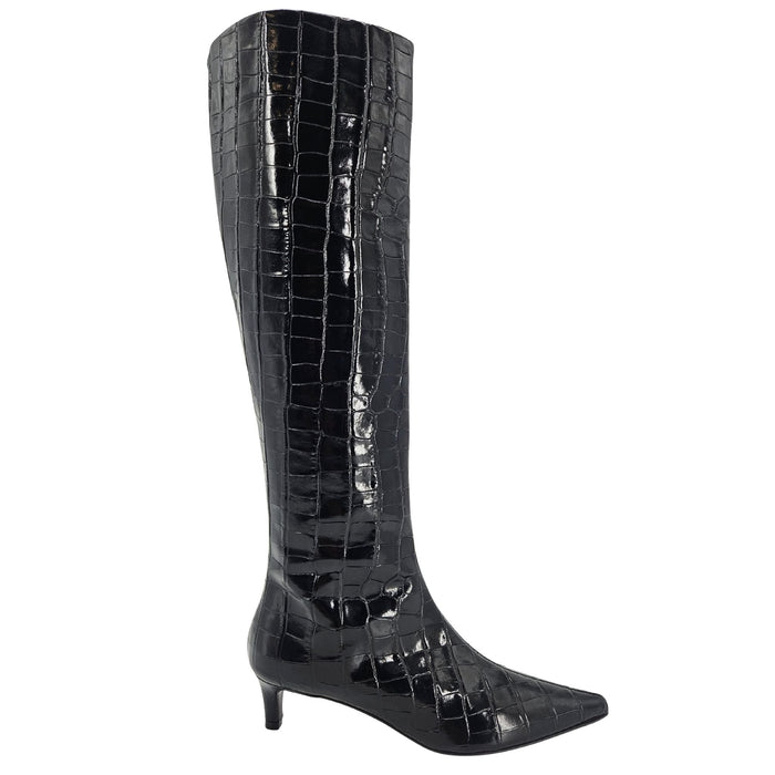 Black Tall Moc Croc Pointy Toe Kitten Heel Boot