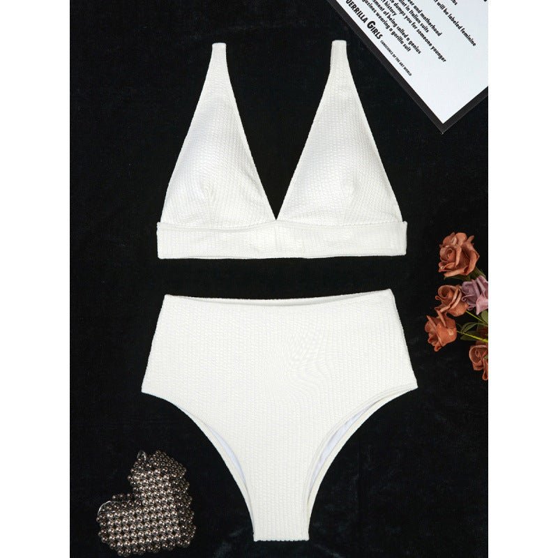 Solid Color High Waist Sunken Stripe Bikini Sexy Swimsuit Women Split Special Fabric Swimsuit - 02AMSTORY - Bella Mia