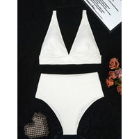 Solid Color High Waist Sunken Stripe Bikini Sexy Swimsuit Women Split Special Fabric Swimsuit - 02AMSTORY - Bella Mia