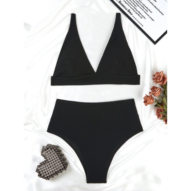 Solid Color High Waist Sunken Stripe Bikini Sexy Swimsuit Women Split Special Fabric Swimsuit - 02AMSTORY - Bella Mia