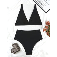 Solid Color High Waist Sunken Stripe Bikini Sexy Swimsuit Women Split Special Fabric Swimsuit - 02AMSTORY - Bella Mia