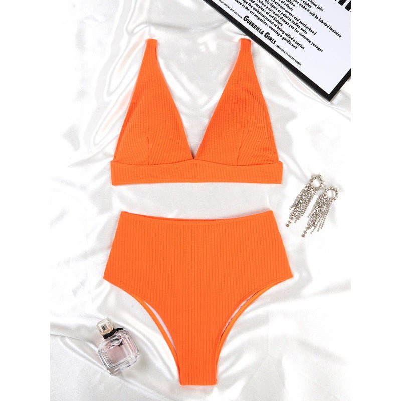 Solid Color High Waist Sunken Stripe Bikini Sexy Swimsuit Women Split Special Fabric Swimsuit - 02AMSTORY - Bella Mia