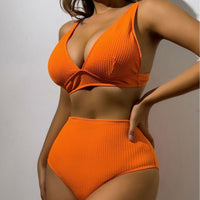 Solid Color High Waist Sunken Stripe Bikini Sexy Swimsuit Women Split Special Fabric Swimsuit - 02AMSTORY - Bella Mia