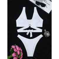 Women Split Three Point Solid Color Ring Small Sunken Stripe Bikini Sexy Swimsuit - 02AMSTORY - Bella Mia