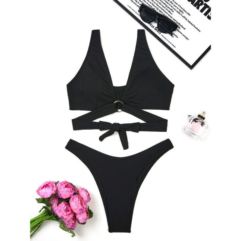Women Split Three Point Solid Color Ring Small Sunken Stripe Bikini Sexy Swimsuit - 02AMSTORY - Bella Mia